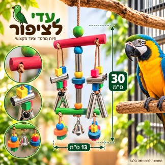 צעצוע תלייה לתוכים עם פעמונים וחרוזי עץ צבעוניים – 30×13 ס״מ